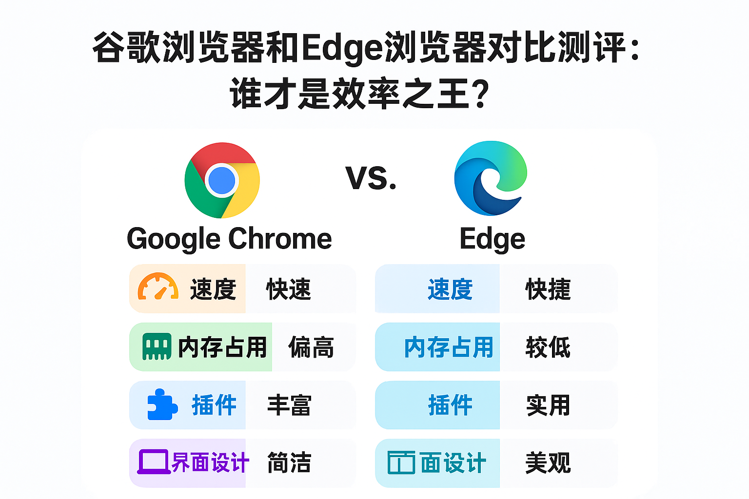 图像展现 Google Chrome 与 Edge 浏览器在不同任务下的内存使用情况，突出 Chrome 响应快但内存高，Edge 更省资源，是浏览器性能评测的重要参考。